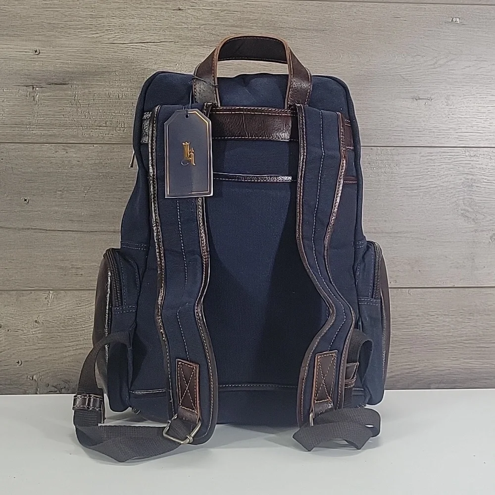 Men's Links & Kings Navy and Brown Canvas Leather Backpack New